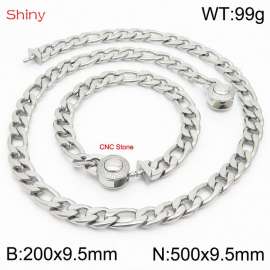 Fashion stainless steel 200x9.5mm&500x9.5mm3：1 thick chain circular polished buckle jewelry charm silver set
