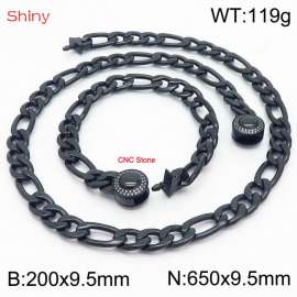 Fashion stainless steel 200x9.5mm&650x9.5mm3：1 thick chain circular polished buckle jewelry charm black set