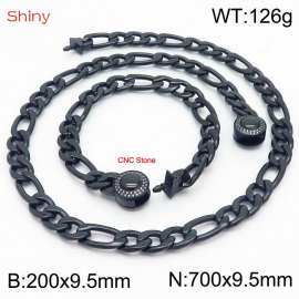 Fashion stainless steel 200x9.5mm&600x9.5mm3：1 thick chain circular polished buckle jewelry charm black set