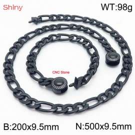 Fashion stainless steel 200x9.5mm&550x9.5mm3：1 thick chain circular polished buckle jewelry charm black set