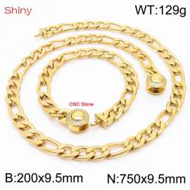 Fashion stainless steel 200x9.5mm&750x9.5mm3：1 thick chain circular polished buckle jewelry charm gold set