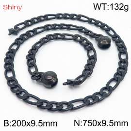 Fashionable stainless steel 200x9.5mm&750x9.5mm3：1 thick chain circular polished buckle jewelry charm black set