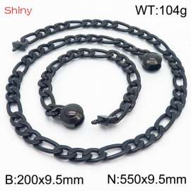 Fashionable stainless steel 200x9.5mm&550x9.5mm3：1 thick chain circular polished buckle jewelry charm black set