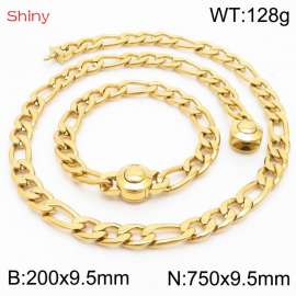 Fashionable stainless steel 200x9.5mm&750x9.5mm3：1 thick chain circular polished buckle jewelry charm gold set