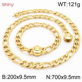 Fashionable stainless steel 200x9.5mm&700x9.5mm3：1 thick chain circular polished buckle jewelry charm gold set