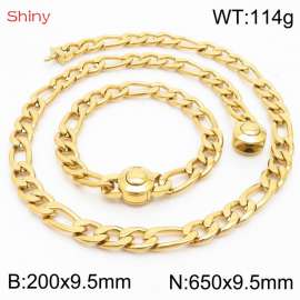Fashionable stainless steel 200x9.5mm&650x9.5mm3：1 thick chain circular polished buckle jewelry charm gold set