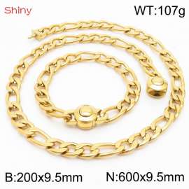 Fashionable stainless steel 200x9.5mm&600x9.5mm3：1 thick chain circular polished buckle jewelry charm gold set