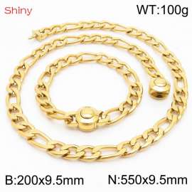 Fashionable stainless steel 200x9.5mm&550x9.5mm3：1 thick chain circular polished buckle jewelry charm gold set