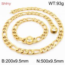 Fashionable stainless steel 200x9.5mm&500x9.5mm3：1 thick chain circular polished buckle jewelry charm gold set