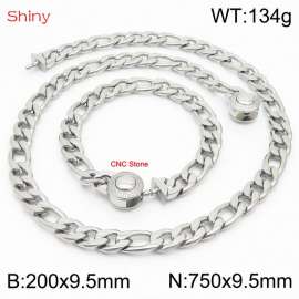 Fashion stainless steel 200x9.5mm&750x9.5mm3：1 thick chain circular polished buckle jewelry charm silver set