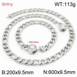 Fashion stainless steel 200x9.5mm&600x9.5mm3：1 thick chain circular polished buckle jewelry charm silver set