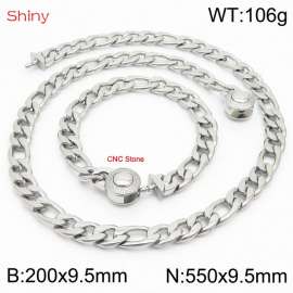 Fashion stainless steel 200x9.5mm&550x9.5mm3：1 thick chain circular polished buckle jewelry charm silver set