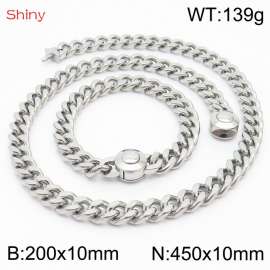 Unisex Stainless Steel Cuban Links&Round Clasp 450mm Necklace&200mm Bracelet Jewelry Set