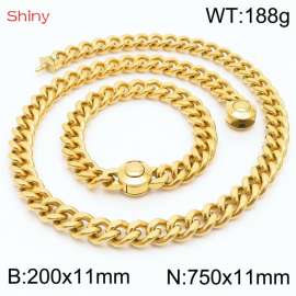 Unisex Gold-Plated Stainless Steel Cuban Links&Round Clasp 750mm Necklace&200mm Bracelet Jewelry Set