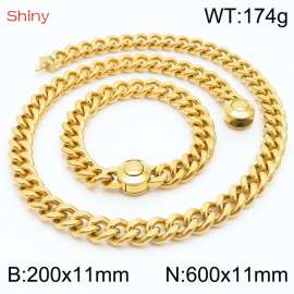 Unisex Gold-Plated Stainless Steel Cuban Links&Round Clasp 600mm Necklace&200mm Bracelet Jewelry Set