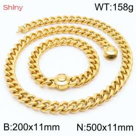 Unisex Gold-Plated Stainless Steel Cuban Links&Round Clasp 500mm Necklace&200mm Bracelet Jewelry Set