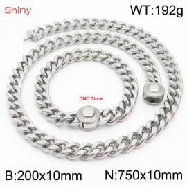 Unisex Stainless Steel&CNC Stones Cuban Links&Round Clasp 750mm Necklace&200mm Bracelet Jewelry Set