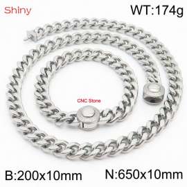 Unisex Stainless Steel&CNC Stones Cuban Links&Round Clasp 650mm Necklace&200mm Bracelet Jewelry Set