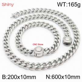 Unisex Stainless Steel&CNC Stones Cuban Links&Round Clasp 600mm Necklace&200mm Bracelet Jewelry Set