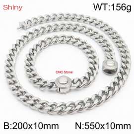 Unisex Stainless Steel&CNC Stones Cuban Links&Round Clasp 550mm Necklace&200mm Bracelet Jewelry Set