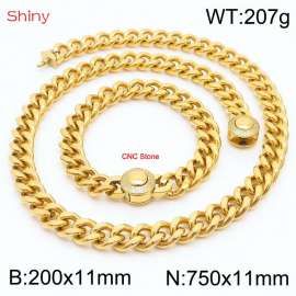 Unisex Gold-Plated Stainless Steel&CNC Stones Cuban Links&Round Clasp 750mm Necklace&200mm Bracelet Jewelry Set