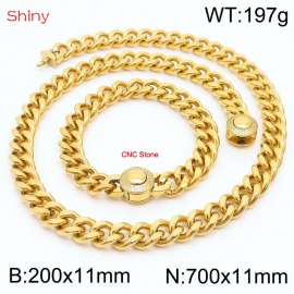Unisex Gold-Plated Stainless Steel&CNC Stones Cuban Links&Round Clasp 700mm Necklace&200mm Bracelet Jewelry Set