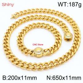 Unisex Gold-Plated Stainless Steel&CNC Stones Cuban Links&Round Clasp 650mm Necklace&200mm Bracelet Jewelry Set