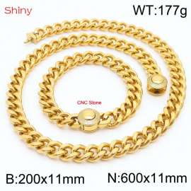 Unisex Gold-Plated Stainless Steel&CNC Stones Cuban Links&Round Clasp 600mm Necklace&200mm Bracelet Jewelry Set