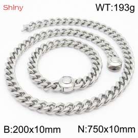 Unisex Stainless Steel Cuban Links&Round Clasp 750mm Necklace&200mm Bracelet Jewelry Set