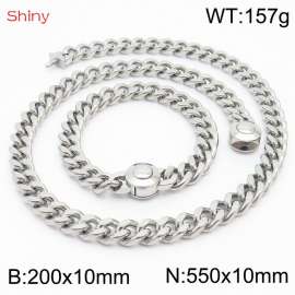 Unisex Stainless Steel Cuban Links&Round Clasp 550mm Necklace&200mm Bracelet Jewelry Set
