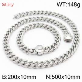 Unisex Stainless Steel Cuban Links&Round Clasp 500mm Necklace&200mm Bracelet Jewelry Set