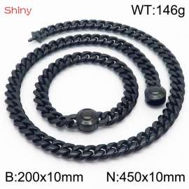 Hip hop style stainless steel 10mm polished Cuban chain plated with black  men's bracelet necklace two-piece set