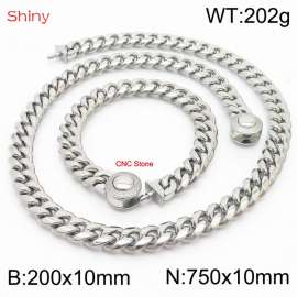 Hip hop style stainless steel 10mm polished Cuban chain CNC men's bracelet necklace two-piece set