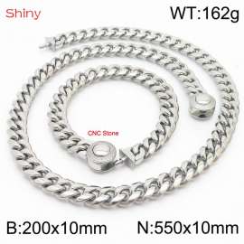 Hip hop style stainless steel 10mm polished Cuban chain CNC men's bracelet necklace two-piece set