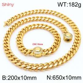 Hip hop style stainless steel 10mm polished Cuban chain with gold plated CNC men's bracelet necklace two-piece set