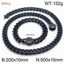 Hip hop style stainless steel 10mm polished Cuban chain plated with black CNC men's bracelet necklace two-piece set