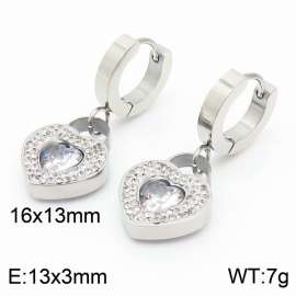 Stainless steel simple and fashionable circular with diamond heart shaped pendant jewelry charm silver earrings
