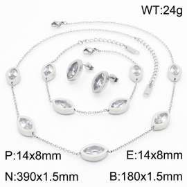 Crystal Gemstone Horse Eye Shape Earrings, Pendant Necklace & Bracelet Silver Stainless Steel Jewelry Set For Women