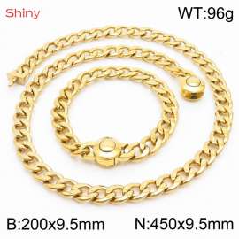 Hip hop style polished stainless steel Cuban chain gold men's necklace bracelet combination two-piece set