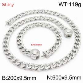 Hip hop style polished stainless steel Cuban chain silver diamond men's necklace bracelet combination two-piece set
