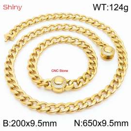 Hip Hop style polished stainless steel Cuban chain gold diamond necklace bracelet set two-piece set