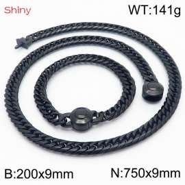 Black Color Stainless Steel Cuban Chain 750×9mm Necklace 200×9mm Bracelet For Men Women Fashion Jewelry Sets