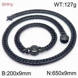 Black Color Stainless Steel Cuban Chain 650×9mm Necklace 200×9mm Bracelet For Men Women Fashion Jewelry Sets