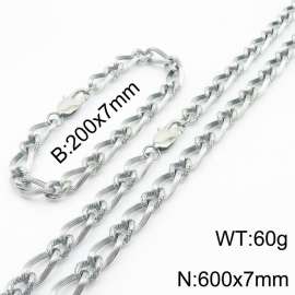 Silver Color Stainless Steel Link Chain 200×7mm Bracelet 600×7mm Necklaces Jewelry Sets For Women Men