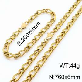 Gold Color Stainless Steel Link Chain 200×6mm Bracelet 760×6mm Necklaces Jewelry Sets For Women Men