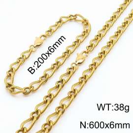 Gold Color Stainless Steel Link Chain 200×6mm Bracelet 600×6mm Necklaces Jewelry Sets For Women Men