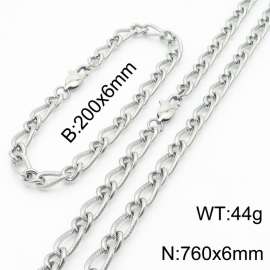 Silver Color Stainless Steel Link Chain 200×6mm Bracelet 760×6mm Necklaces Jewelry Sets For Women Men