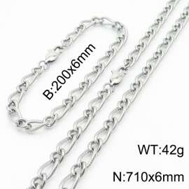 Silver Color Stainless Steel Link Chain 200×6mm Bracelet 710×6mm Necklaces Jewelry Sets For Women Men
