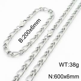 Silver Color Stainless Steel Link Chain 200×6mm Bracelet 600×6mm Necklaces Jewelry Sets For Women Men