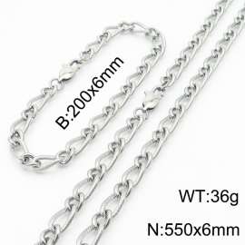 Silver Color Stainless Steel Link Chain 200×6mm Bracelet 550×6mm Necklaces Jewelry Sets For Women Men